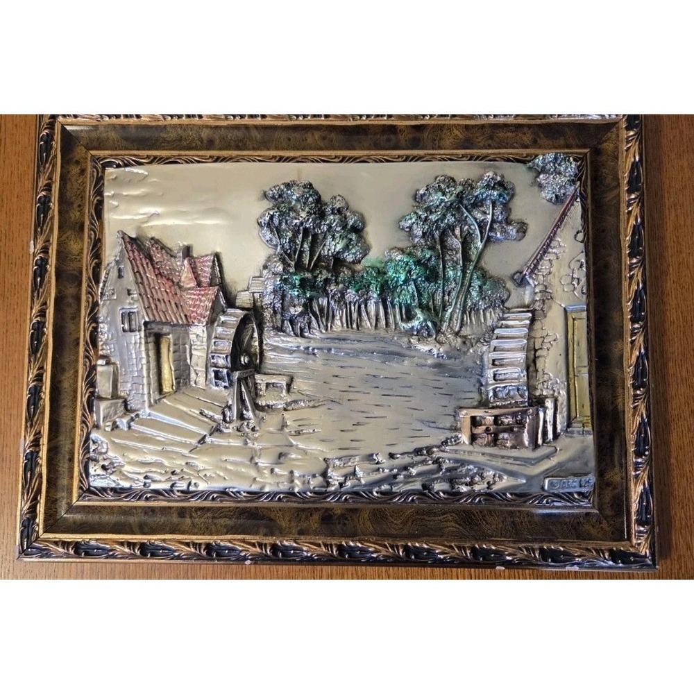Creazioni Artistiche Italy 3D Silver Foil Relief Art Water Mill Village Framed